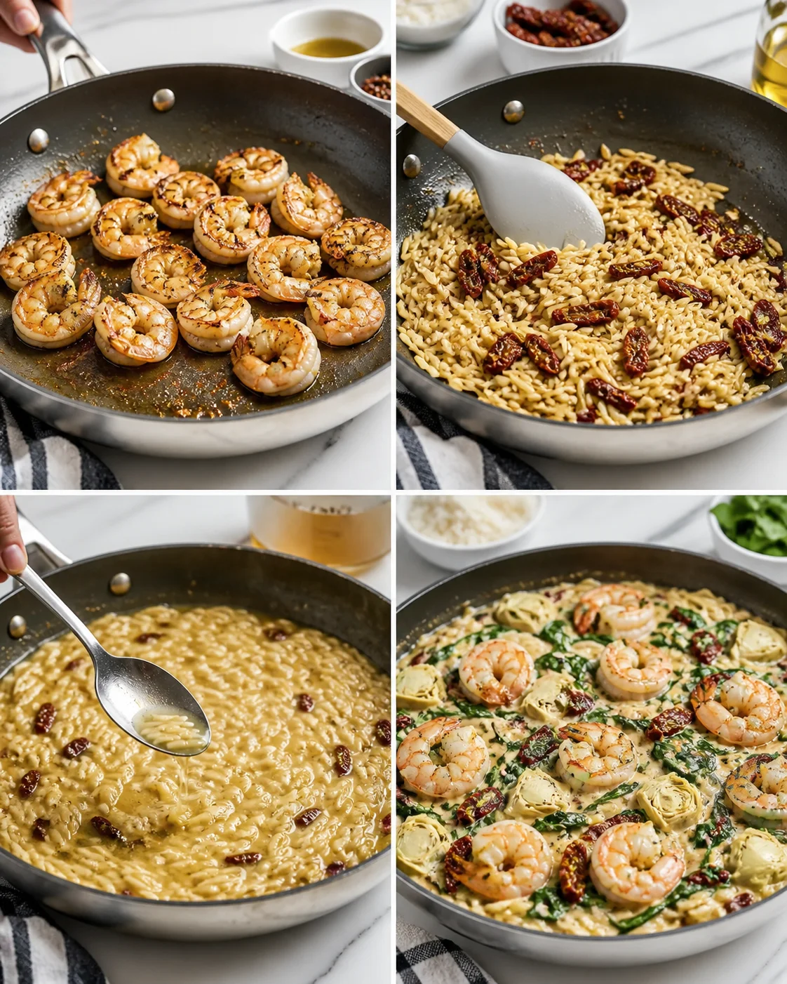 Four-panel collage: seared shrimp, toasting orzo with sun-dried tomatoes, creamy risotto, and a finished shrimp-and-spinach dish.