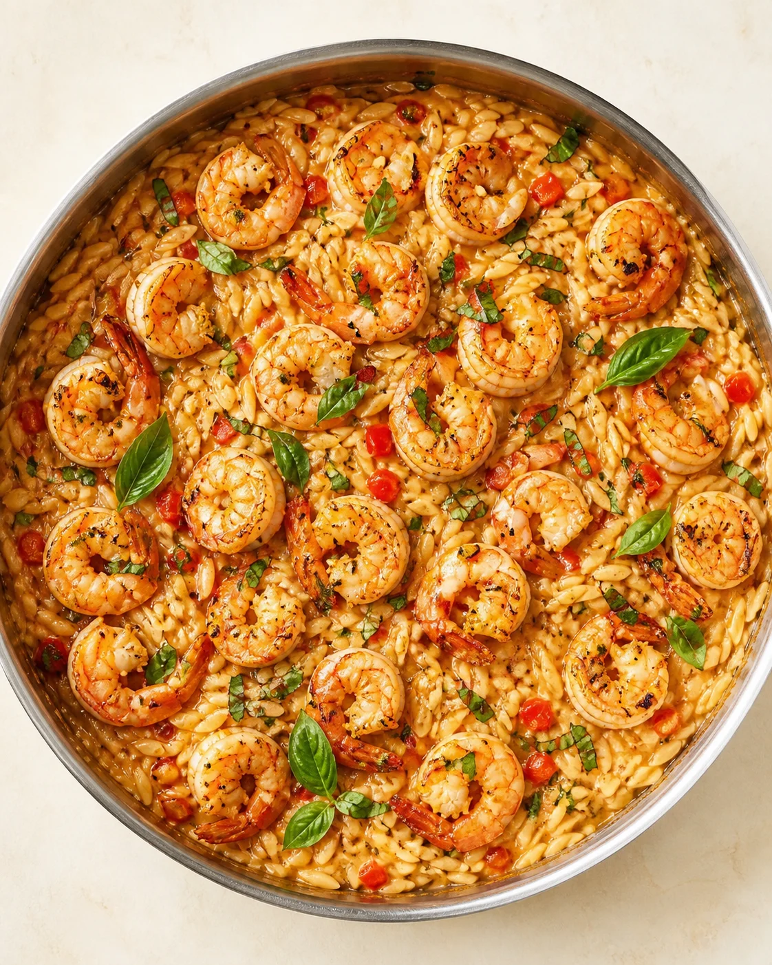 top-down view of creamy shrimp risotto with grilled shrimp, greens, and basil in a stainless pan