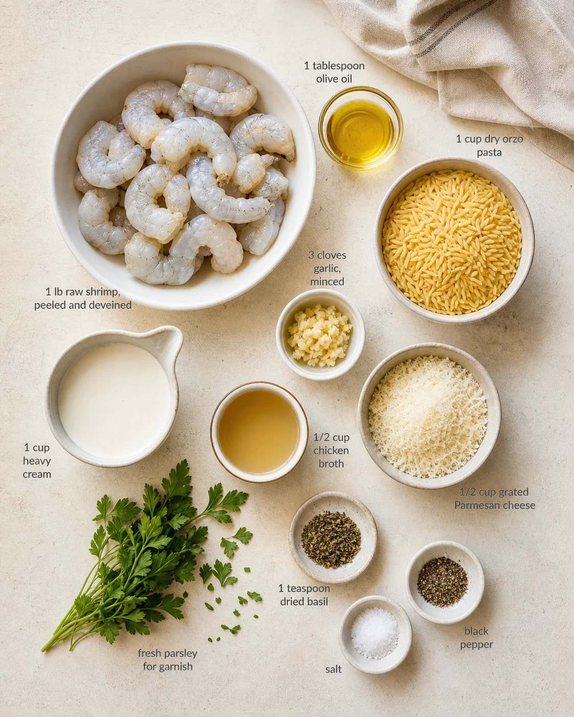 Overhead view of peeled shrimp, orzo pasta, and labeled ingredients arranged on a beige countertop.
