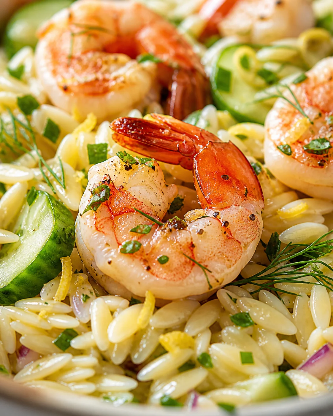 Close-up of pink shrimp atop creamy orzo pasta with cucumber slices, lemon zest, and fresh herbs.