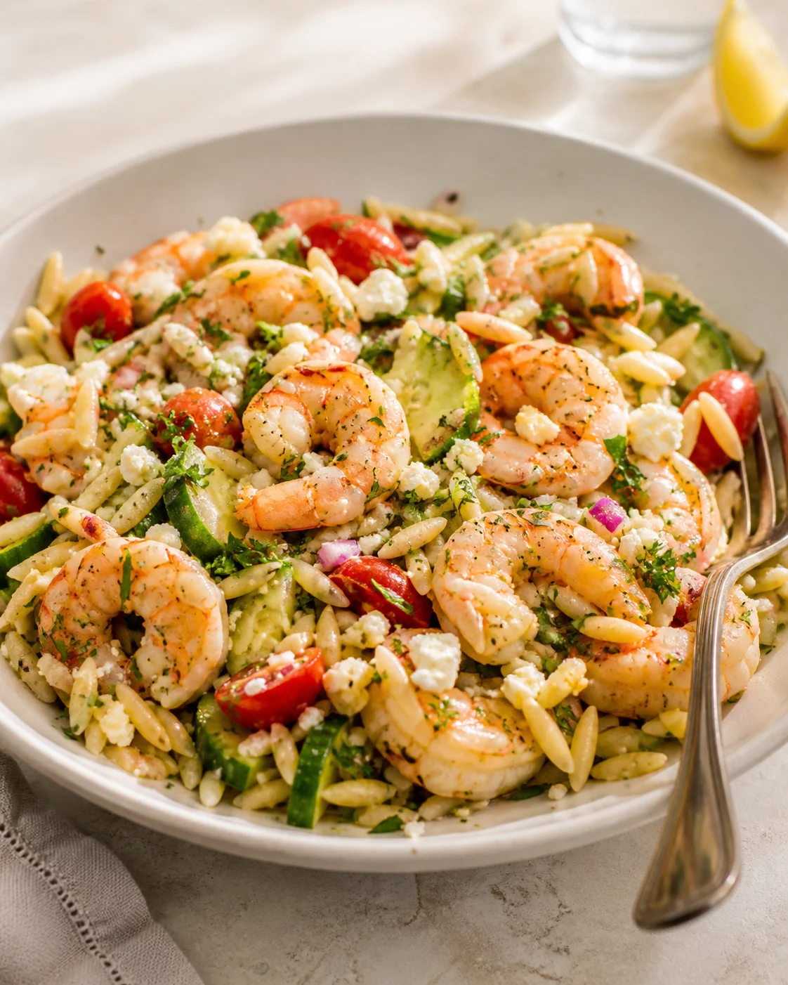 shrimp pasta with orzo, feta, cherry tomatoes, zucchini, and parsley in a white bowl.