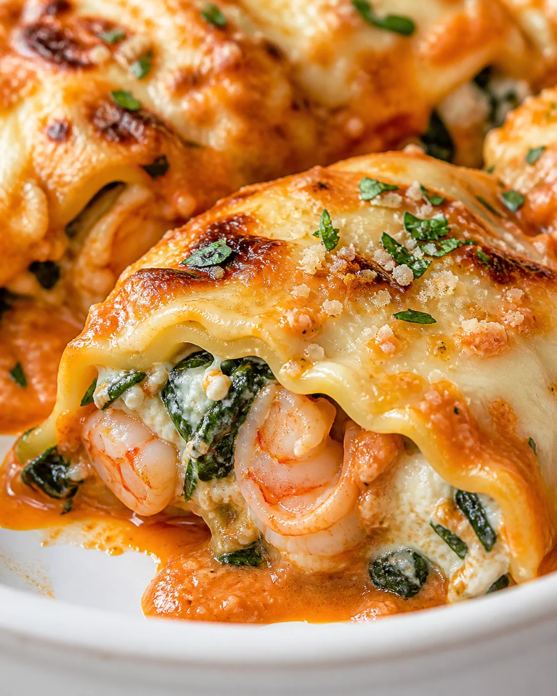 baked stuffed pasta shells with shrimp, spinach, and creamy cheese sauce, topped with herbs