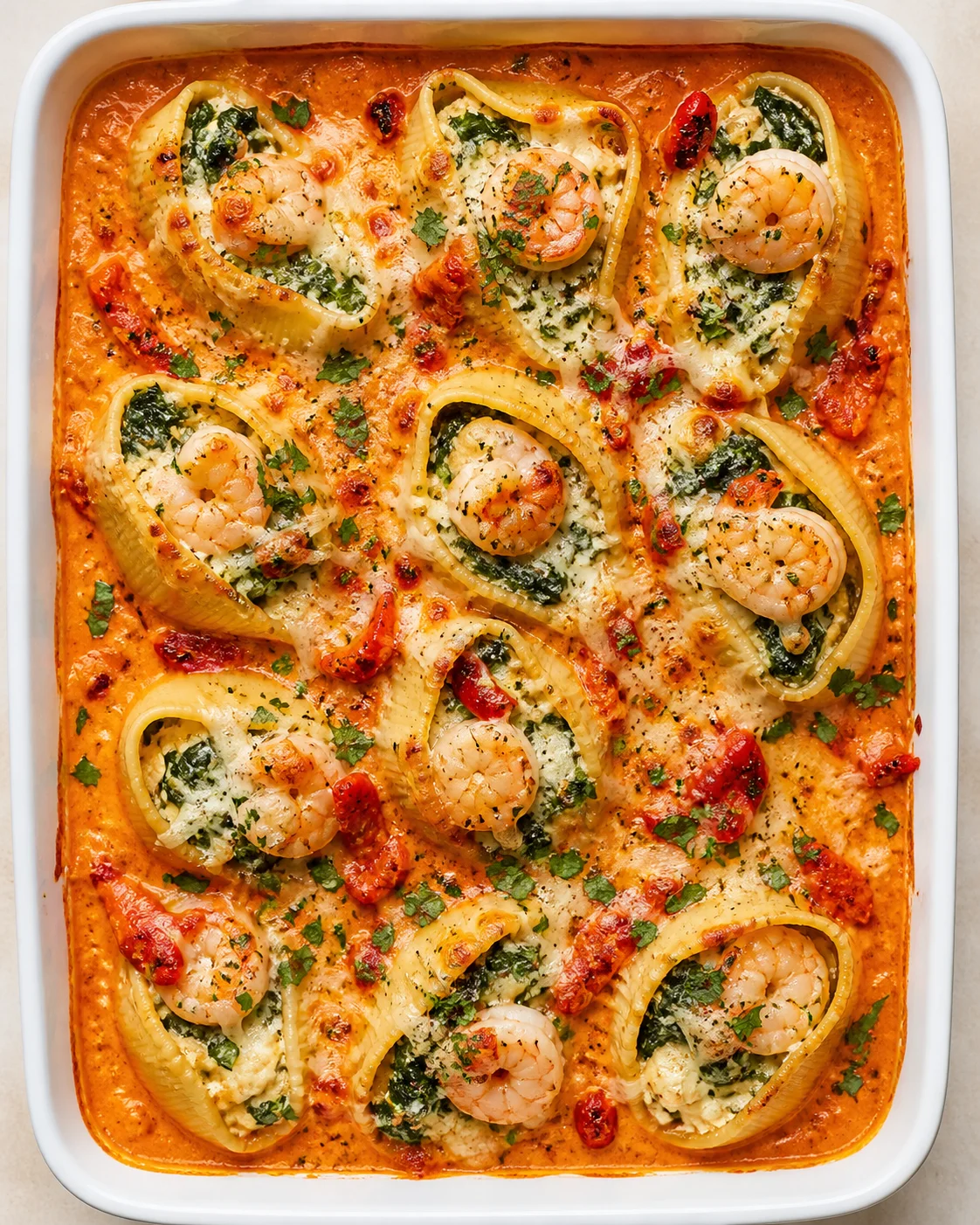 baked pasta shells with shrimp and spinach in a creamy tomato sauce, garnished with herbs