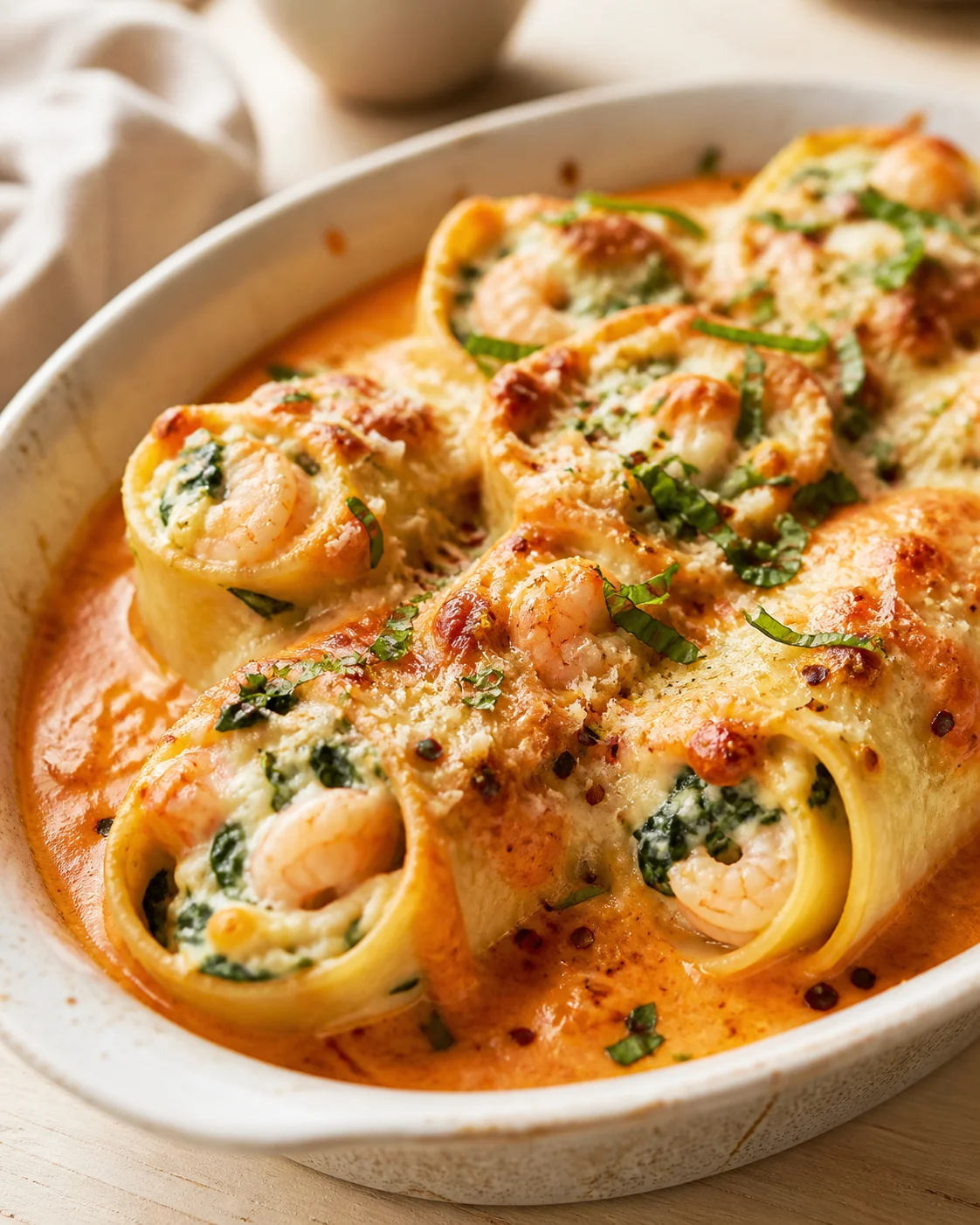 shrimp-stuffed cannelloni in creamy tomato cheese sauce, topped with herbs.