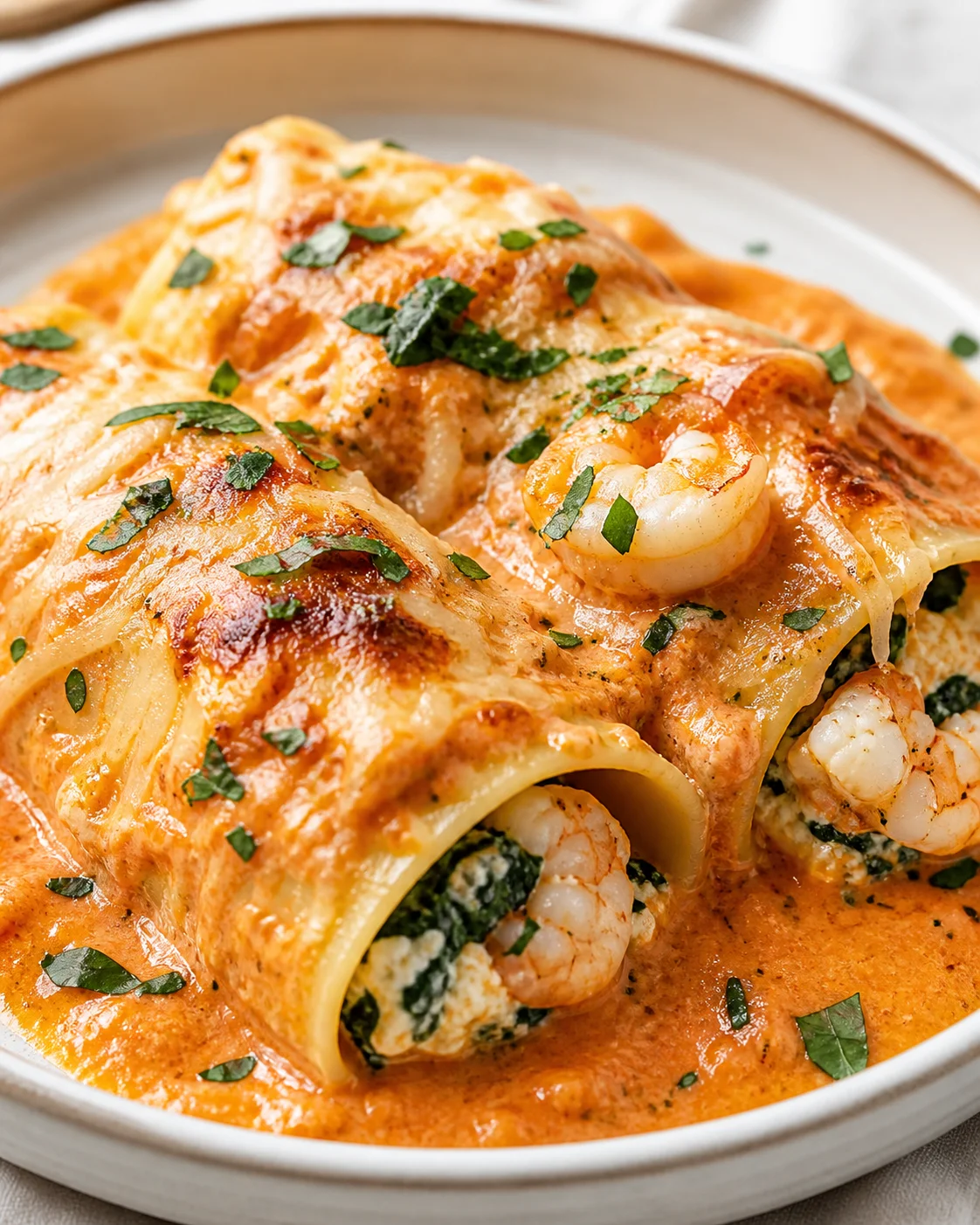 Creamy tomato sauce coats shrimp-stuffed pasta with greens and chopped parsley.