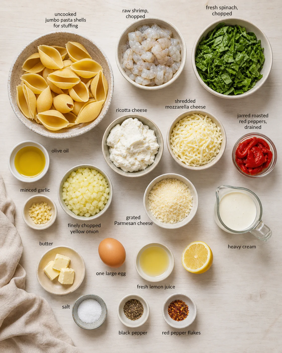 top-down arrangement of stuffed-shell ingredients on a light wooden surface