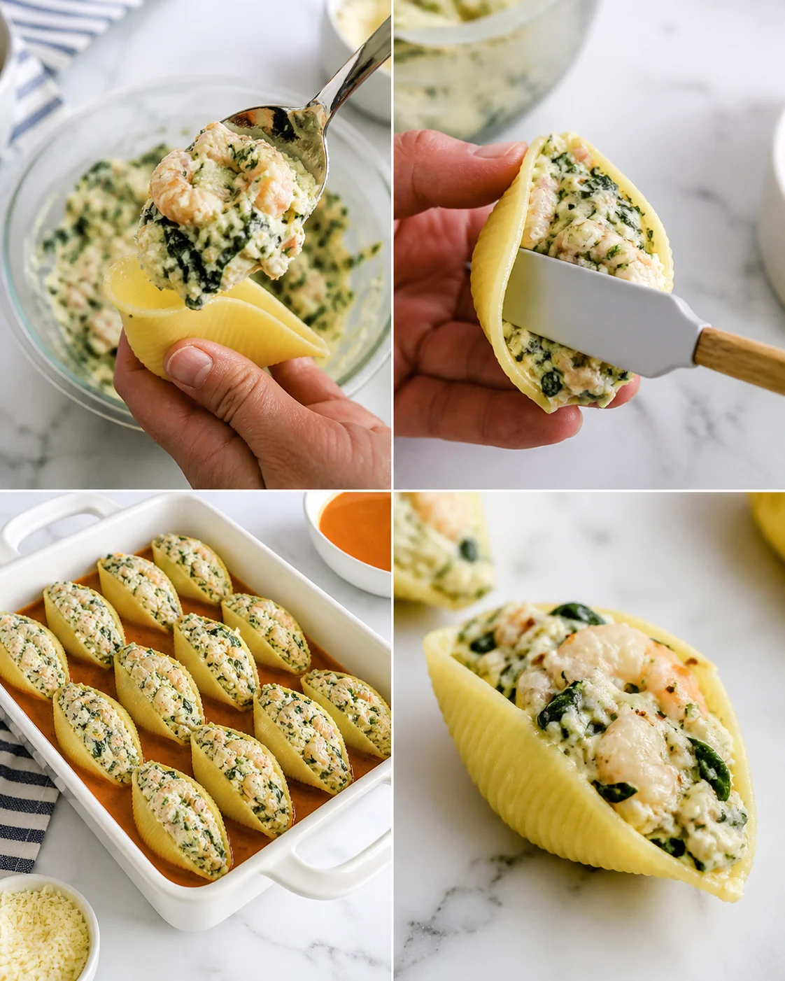 Collage of spinach-cheese stuffed pasta shells, showing filling, assembly, and baking dish on marble surface.