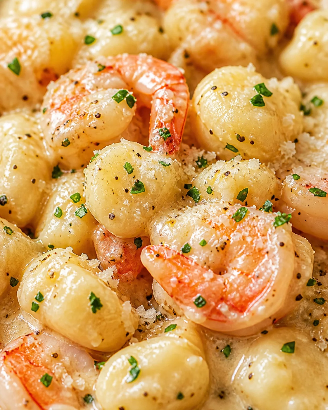 Close-up of gnocchi with shrimp, parsley, and grated cheese in a glossy butter sauce