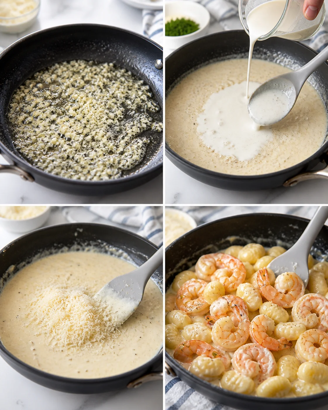 Collage of four steps: garlic butter sauté, adding cream, grating cheese, and shrimp-tossed gnocchi in sauce.