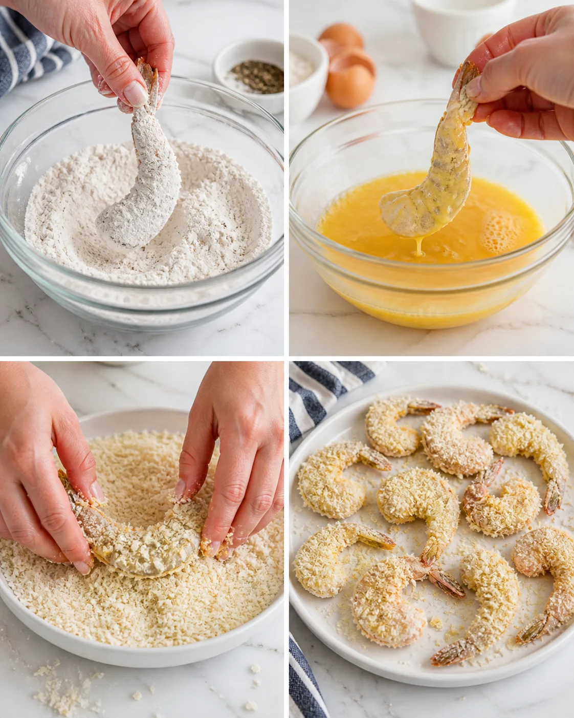 collage showing shrimp being breaded: dredging in flour, dipped in egg, coated in breadcrumbs, then fried.