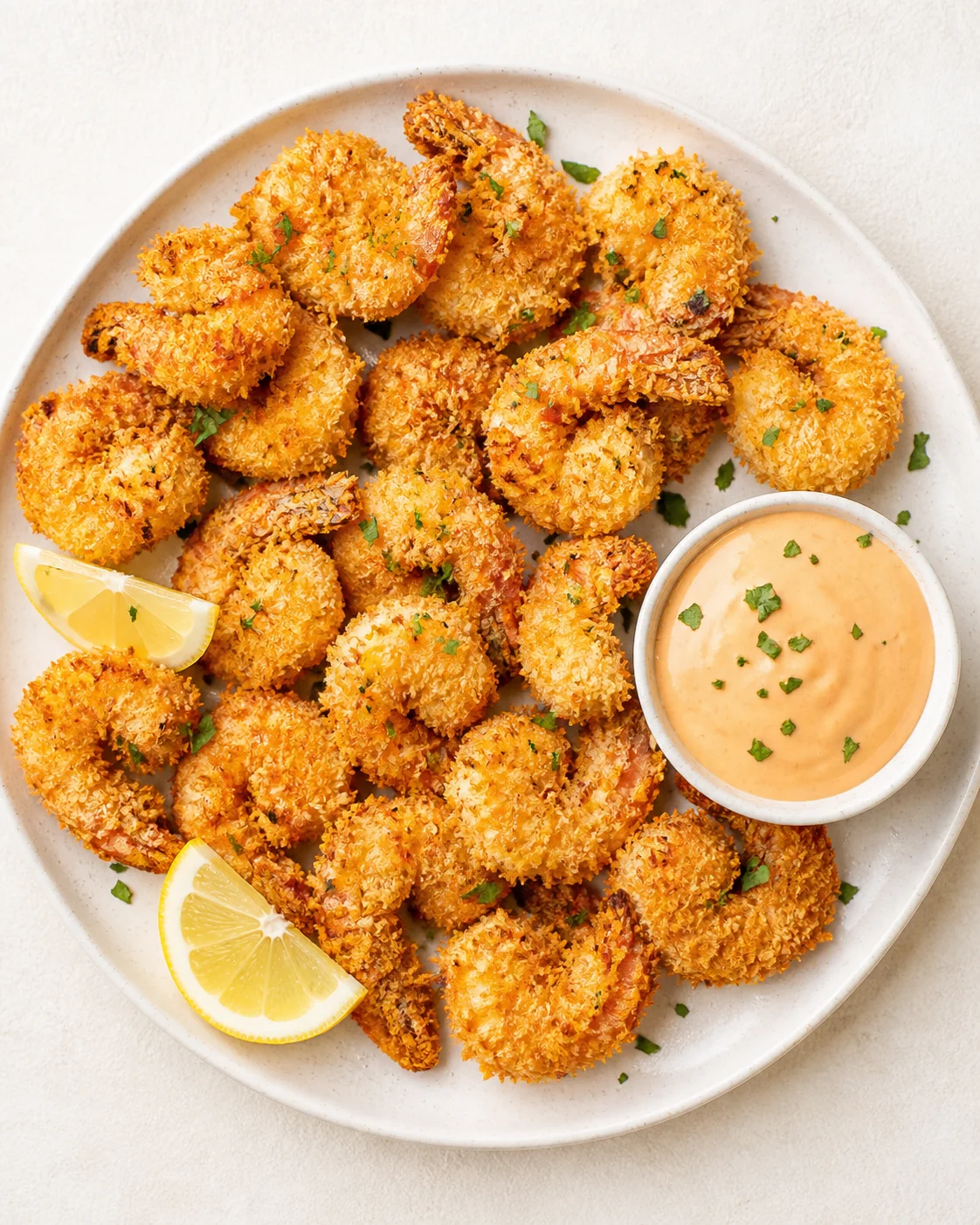 plate of crispy coconut shrimp with orange dipping sauce and lemon wedges
