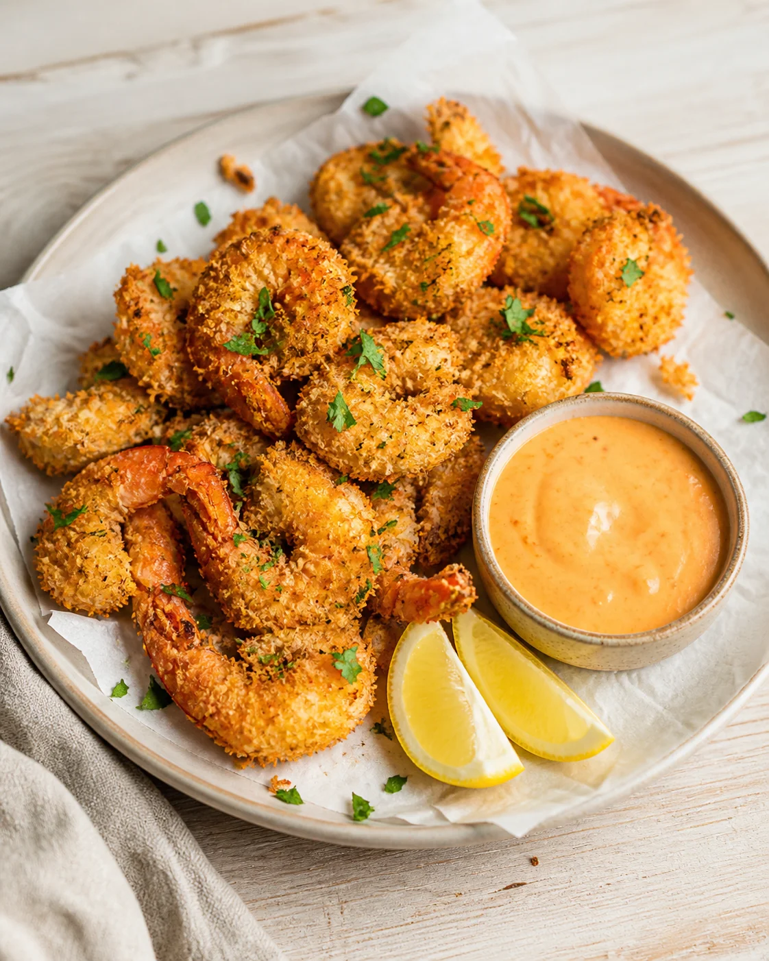 Plate of golden breaded fried shrimp on parchment with orange dipping sauce, lemon wedges, and herbs.
