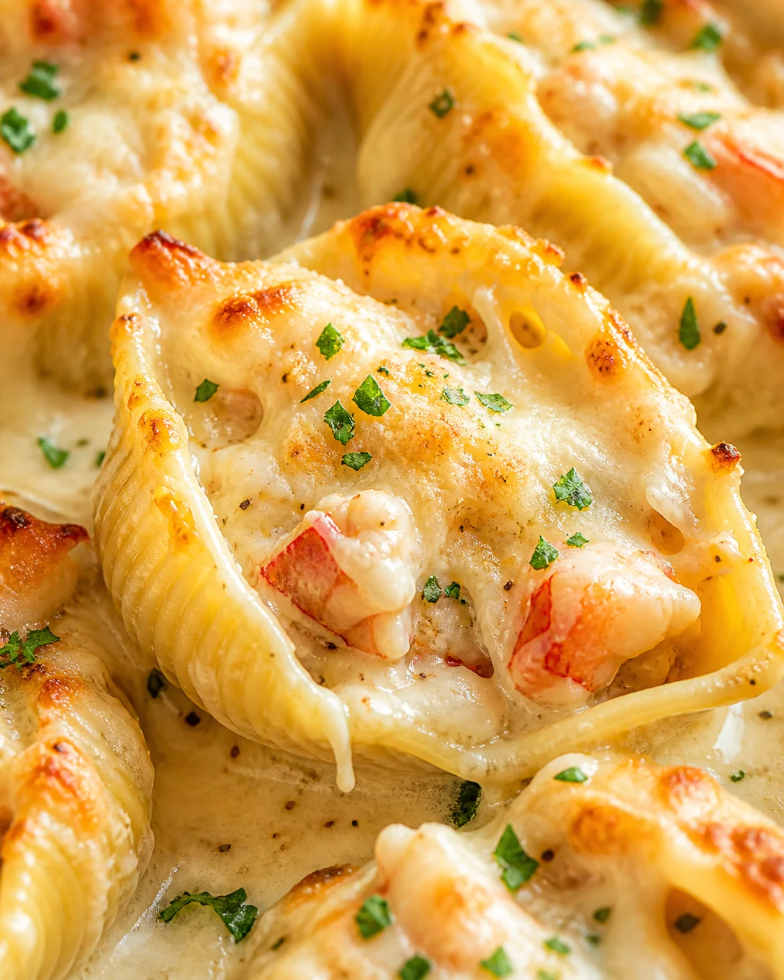 Close-up of creamy baked stuffed pasta shells with shrimp, melted cheese, and parsley