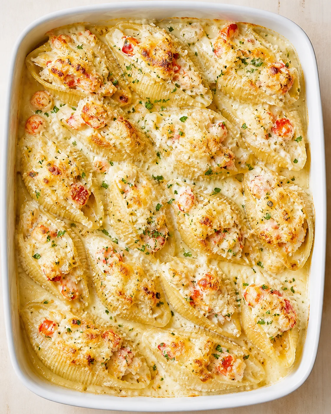 Creamy baked pasta with shrimp in a white casserole dish, topped with parsley.