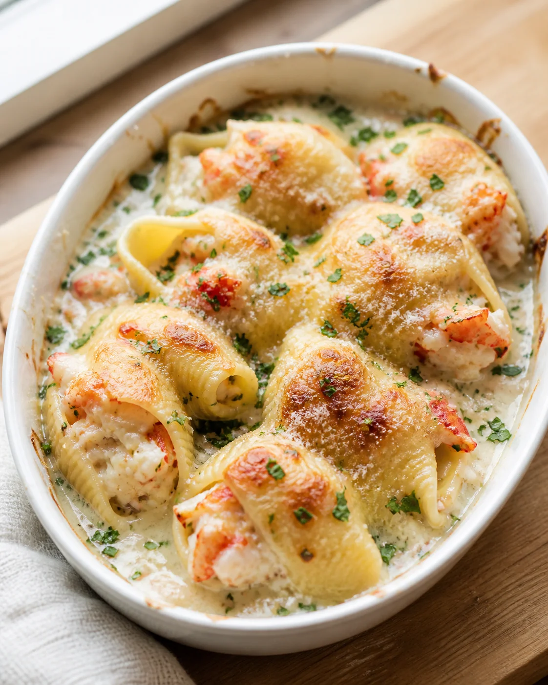 Creamy baked lobster-filled pasta shells in a white oval dish, topped with melted cheese and parsley