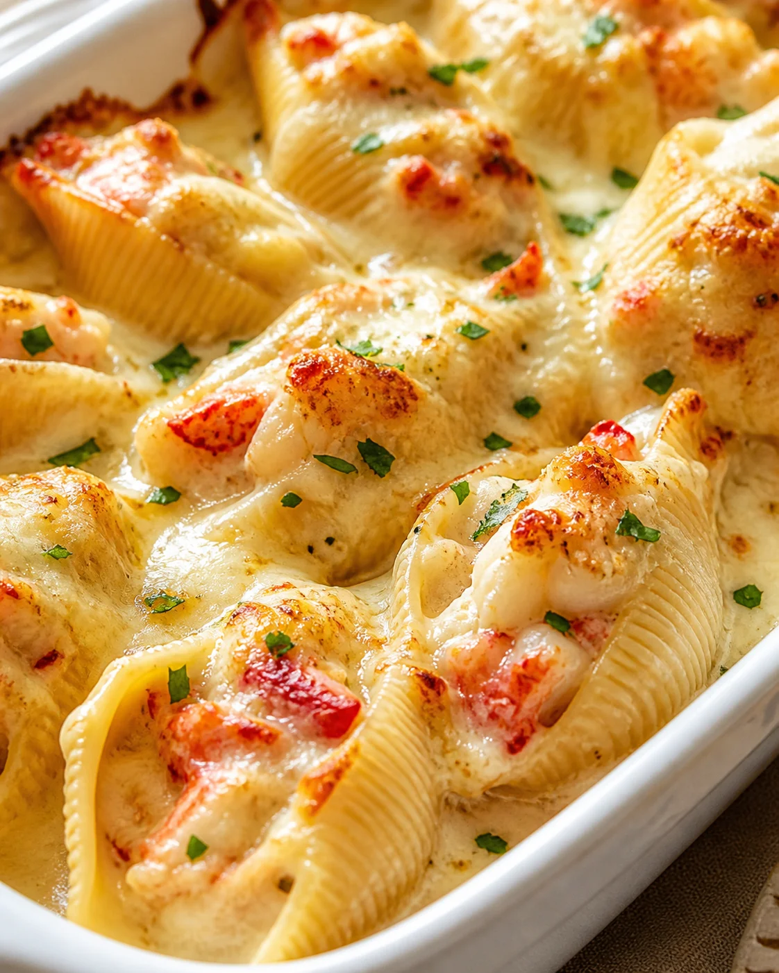 close-up of creamy cheese sauce with stuffed pasta shells garnished with parsley in a white baking dish.