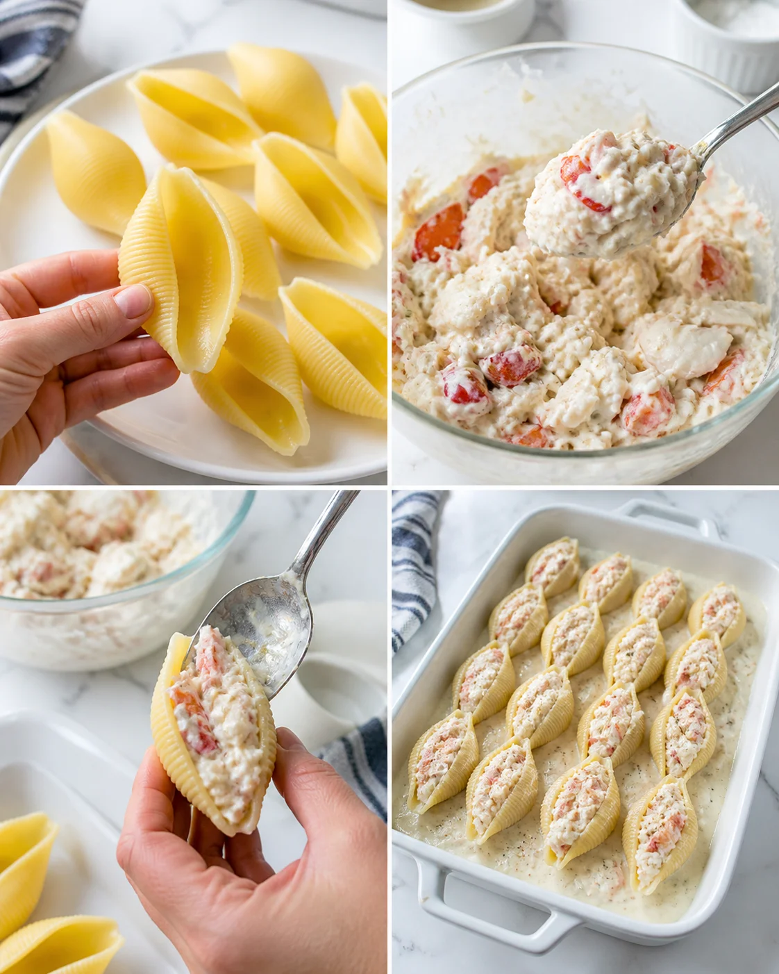 Collage of large pasta shells and creamy stuffing being prepared for stuffed shells