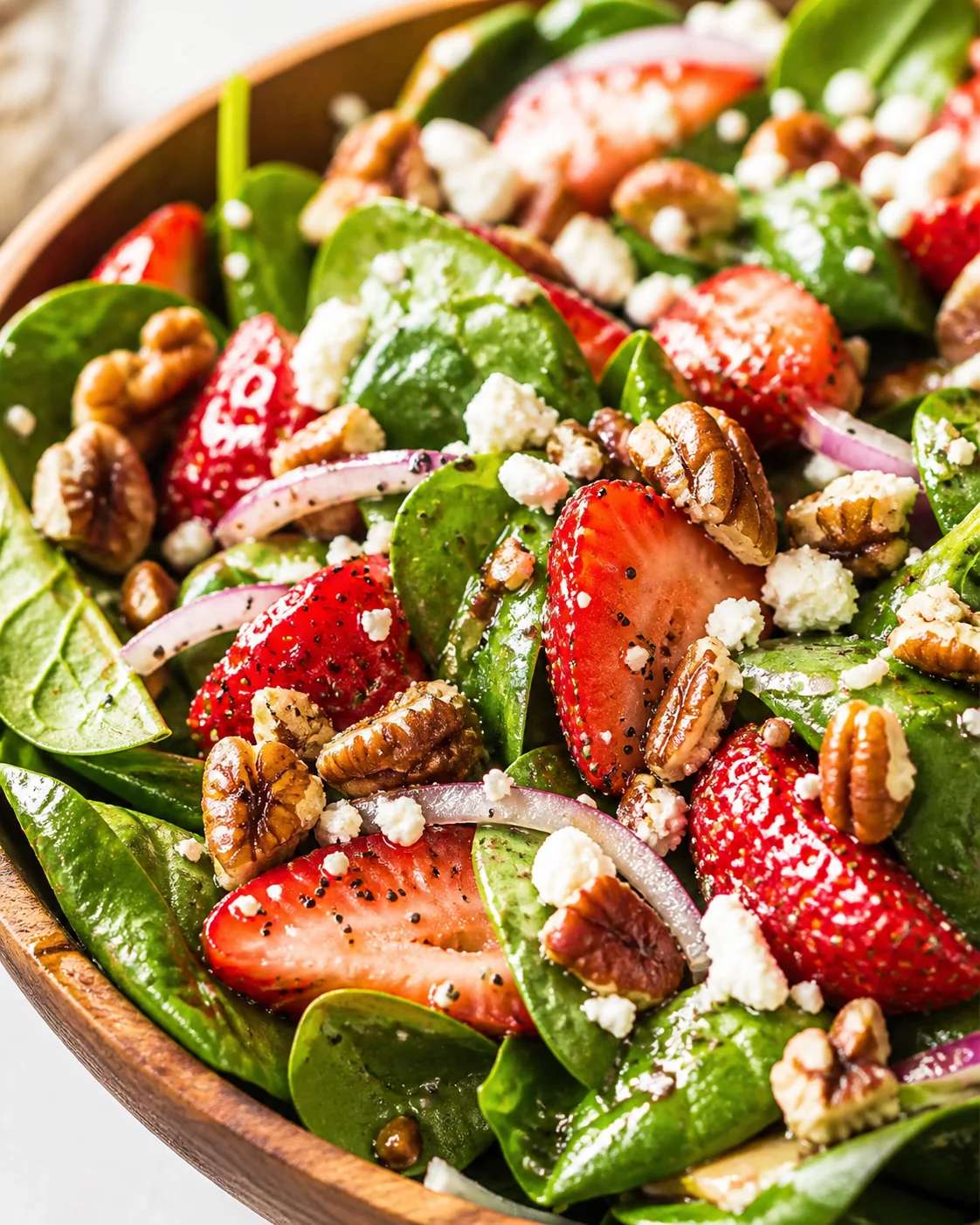 close-up of a wooden bowl brimming with strawberry halves, baby spinach, red onion slices, feta crumbles, and toasted pecans