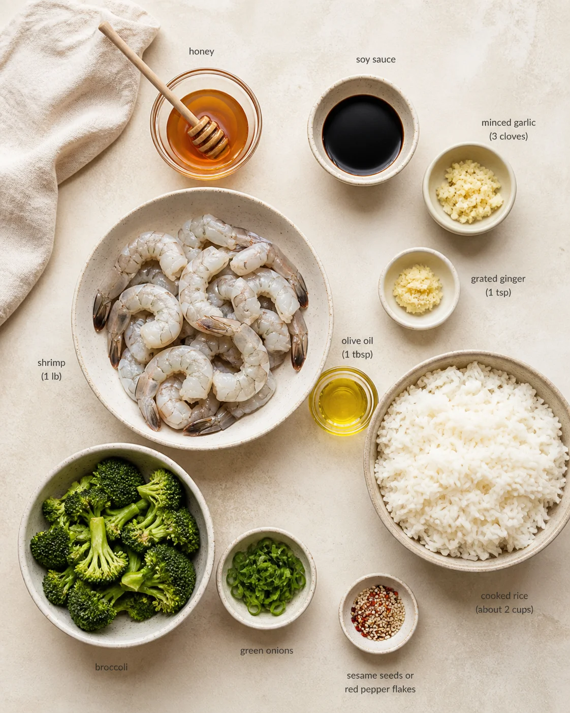 Top-down arrangement of shrimp, broccoli, rice, and labeled sauce bowls on a light countertop.