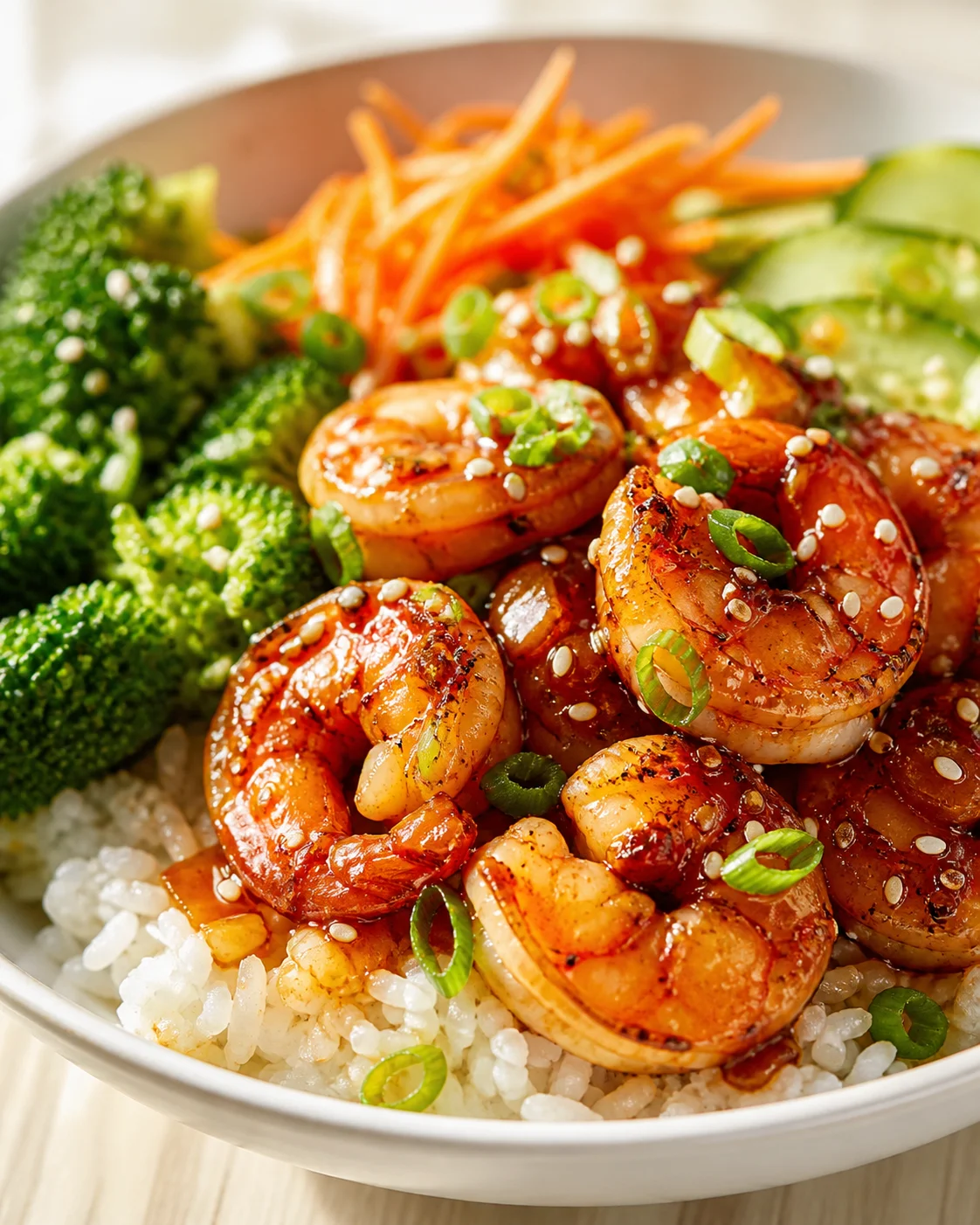 bowl of sesame-glazed shrimp with rice, broccoli, carrot ribbons, and cucumber slices
