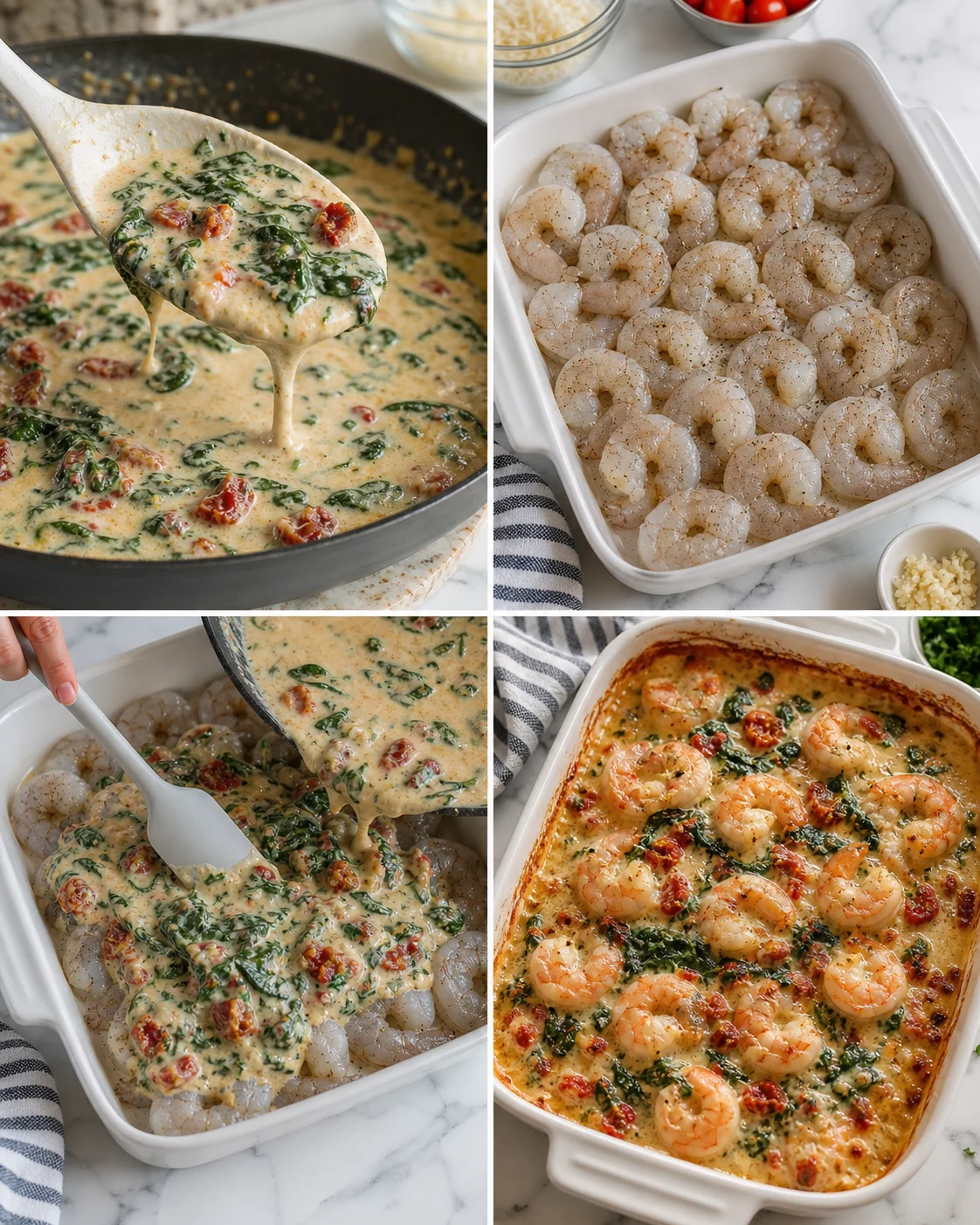 Four-panel collage: creamy spinach shrimp sauce in skillet, raw shrimp in a baking dish, pouring sauce over shrimp, and baked shrimp casserole.