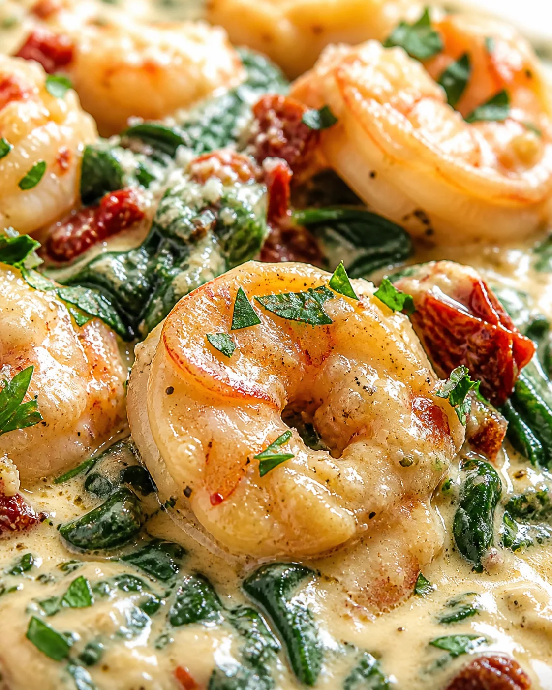 close-up of shrimp in creamy sauce with spinach, sun-dried tomatoes, and parsley