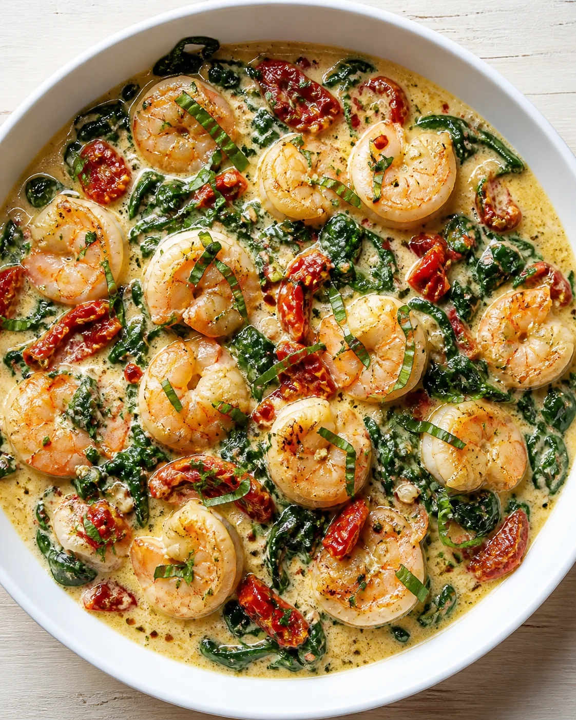 Plated shrimp in creamy sauce with spinach and sun-dried tomatoes in a white bowl.