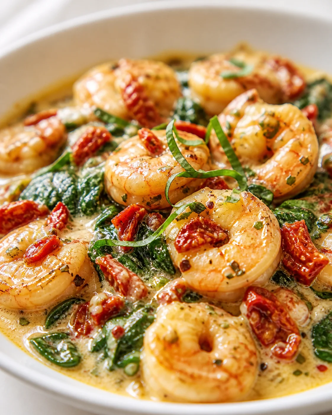 Plump shrimp in creamy sauce with wilted spinach, sun-dried tomatoes, and herbs.