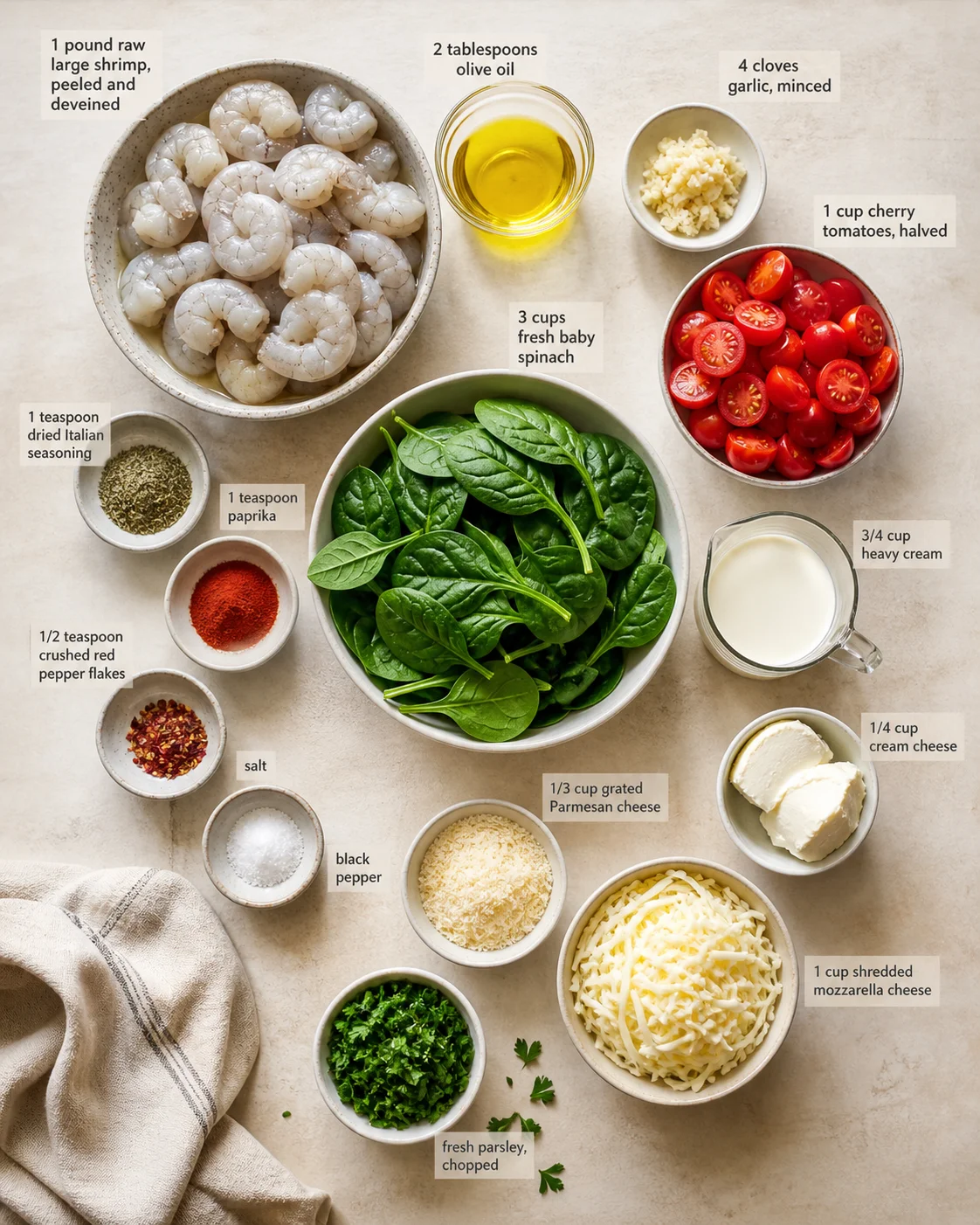 top-down layout of shrimp, spinach, cherry tomatoes, garlic, oil, and cheeses with labels