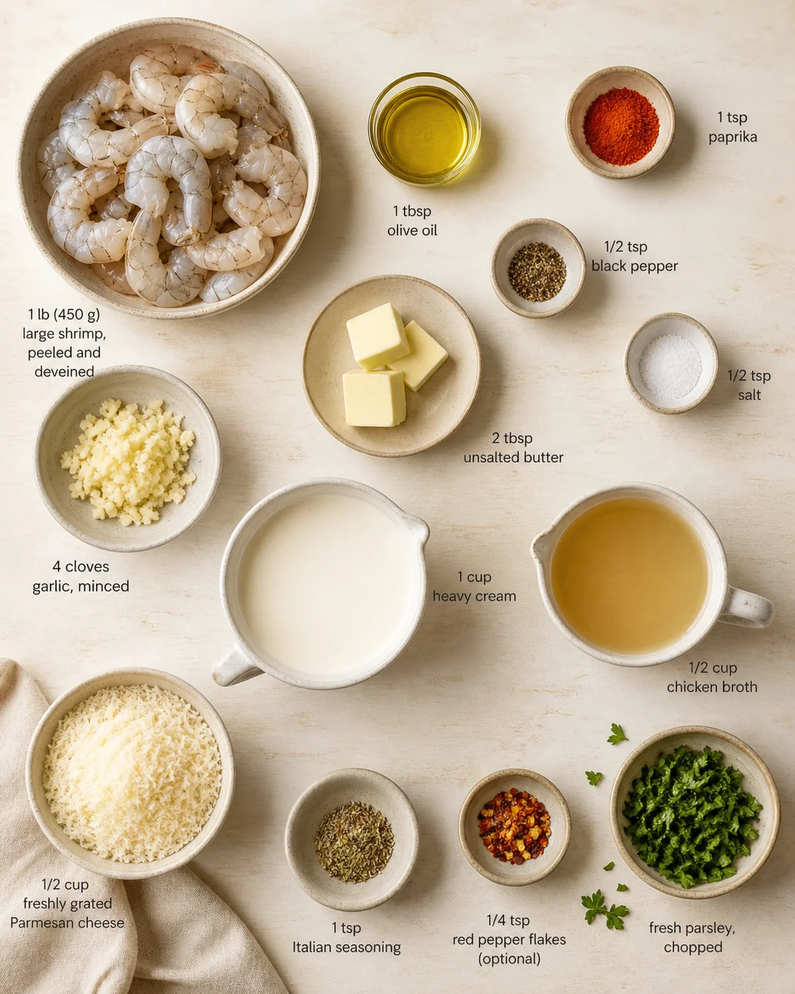 Top-down view of raw shrimp, garlic, butter, cream, cheese, and spices in bowls on a light wooden surface.