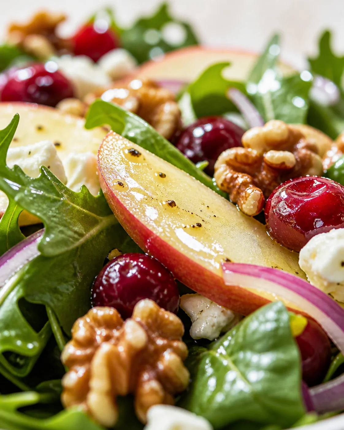 close-up of pear-slices, walnuts, grapes, and feta on a bed of arugula.