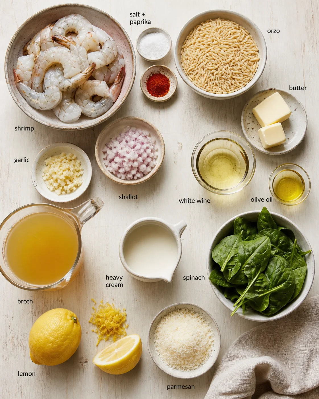 Top-down view of ingredients for shrimp pasta: shrimp, orzo, spinach, lemon, garlic, cream, and wine.