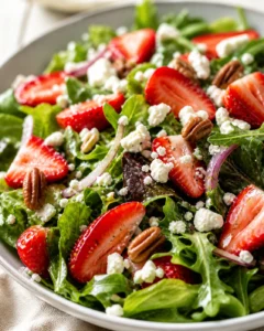 bowl of mixed greens topped with strawberry slices, feta crumbles, pecans, and red onion.