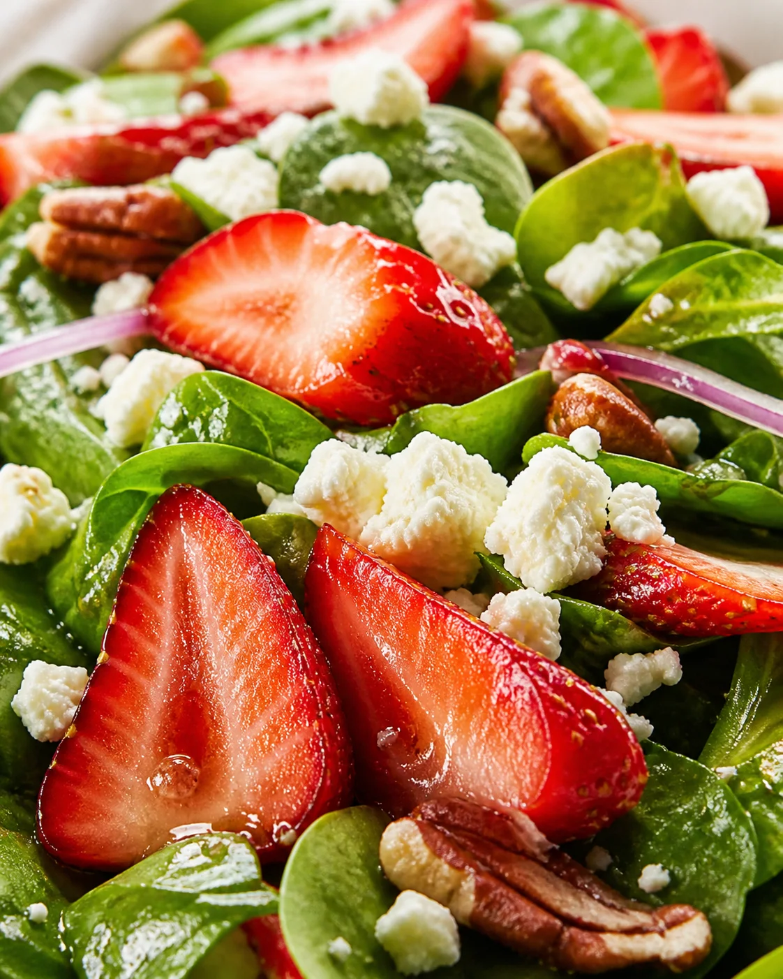 Close-up of fresh spinach salad with strawberries, feta crumbles, greens, onions, and nuts.