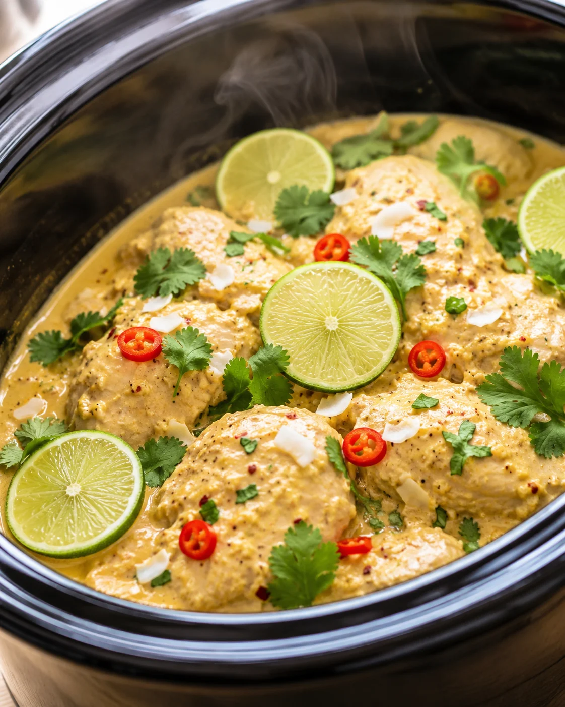 creamy yellow chicken curry in a black pot garnished with lime, cilantro, red chili, and coconut flakes