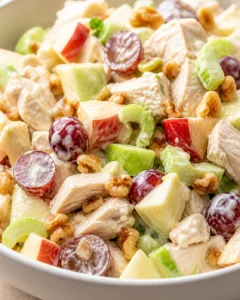 Creamy Waldorf chicken salad with apples, grapes, walnuts, and celery in a white bowl.