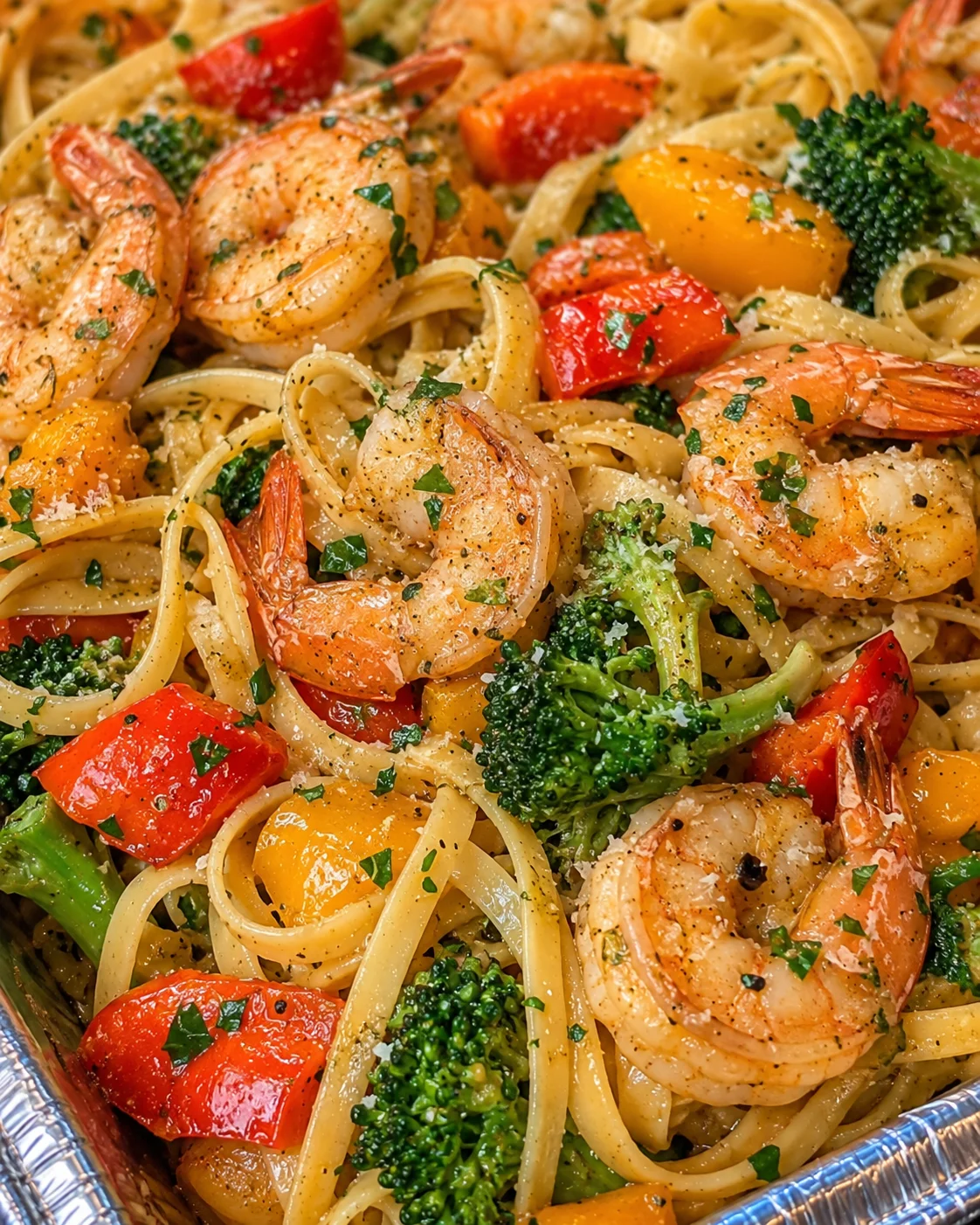 Colorful shrimp pasta with bell peppers, broccoli, and lemon garlic sauce on a plate