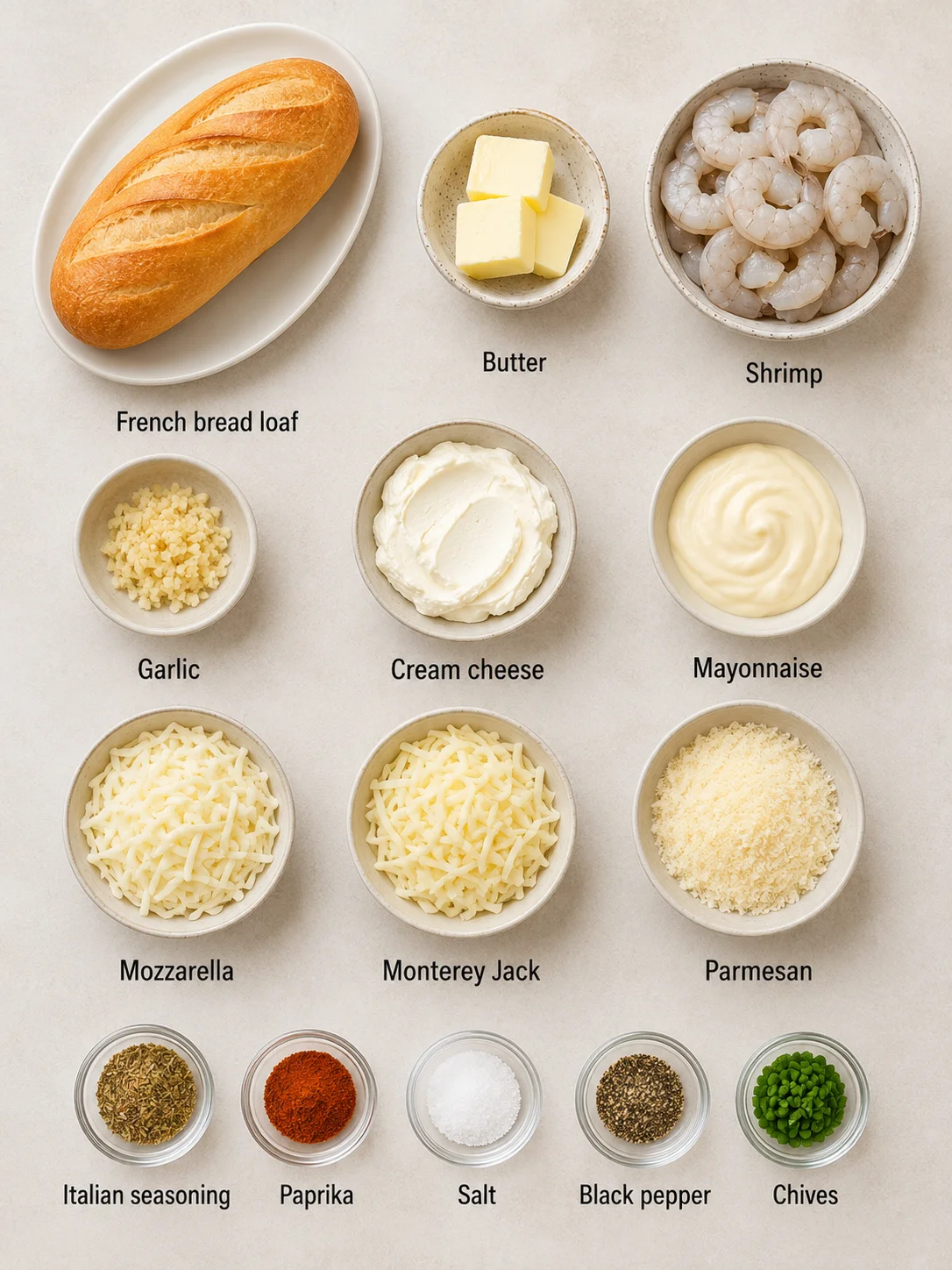 Fresh ingredients for cheesy garlic shrimp bread displayed neatly.