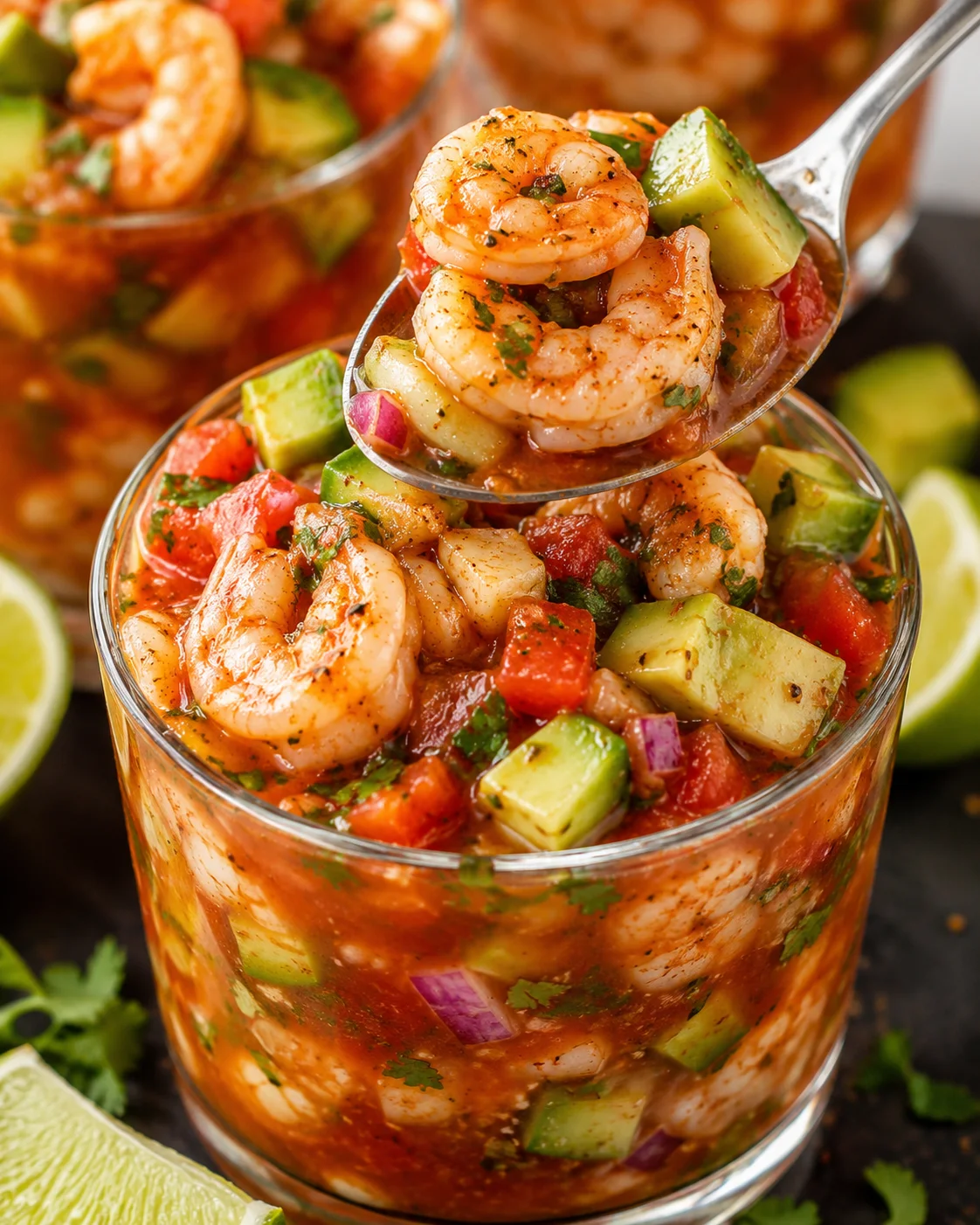 Close-up of a shrimp cocktail in a glass with avocado and cucumber pieces