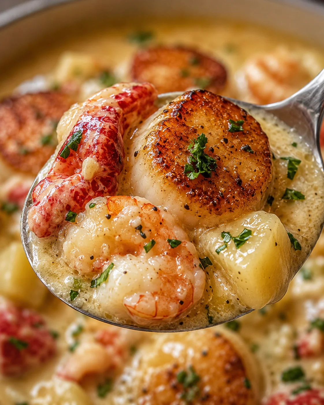 Creamy seafood chowder with lobster, scallops, and shrimp garnished with herbs.