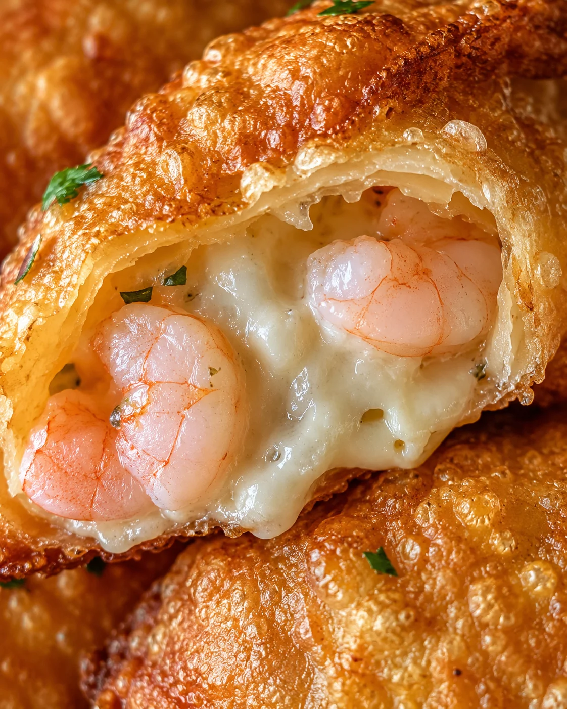 Golden fried empanada-style puffs filled with shrimp and cheese, garnished with parsley.