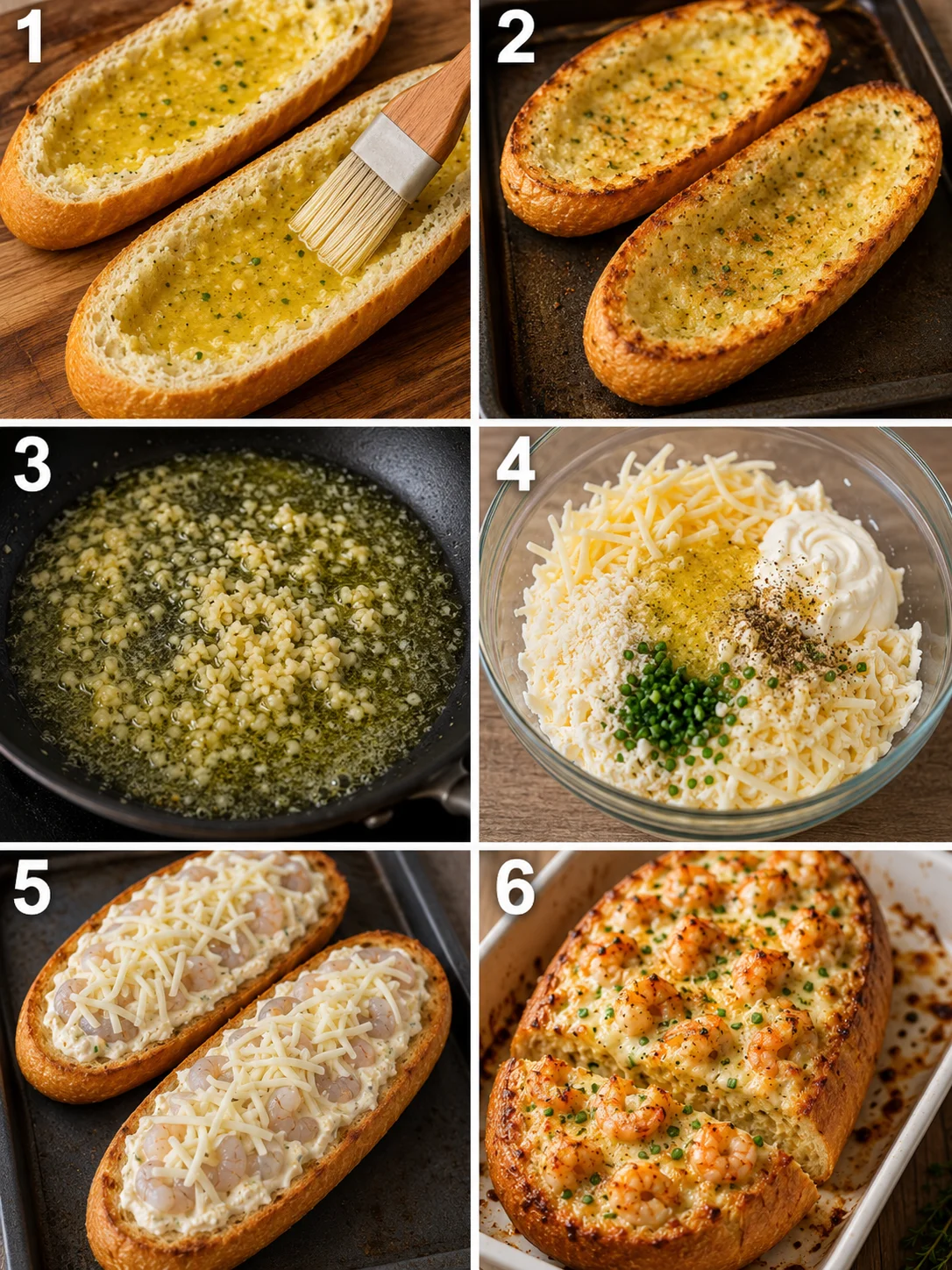 Baked garlic bread boats topped with melted cheese and shrimp filling, ready to serve.