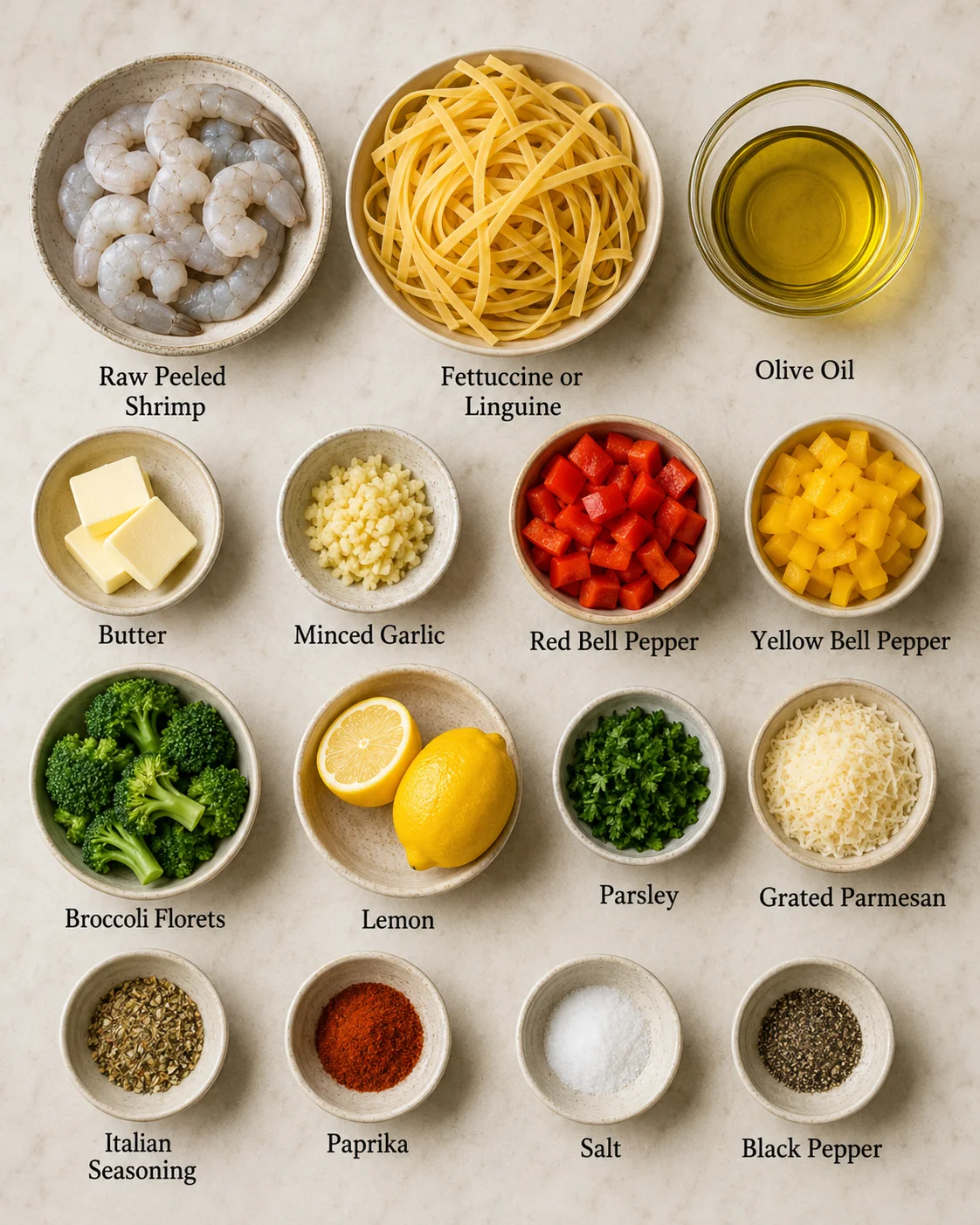 Ingredients for lemon shrimp pasta with colorful bell peppers and broccoli in bowls.