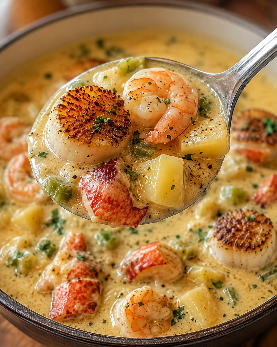 Creamy seafood chowder with lobster, scallops, shrimp, and potatoes in a rich broth