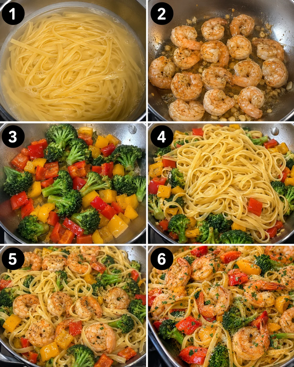 Step-by-step images of cooking shrimp, vegetables, and pasta for the dish