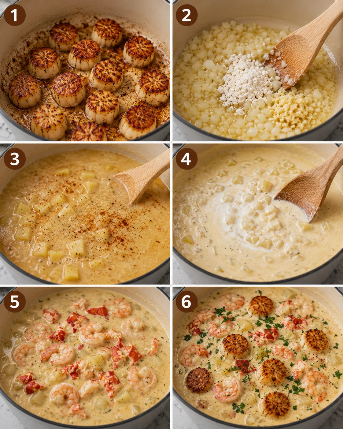 Step-by-step images of searing scallops, preparing potatoes, and cooking seafood chowder.