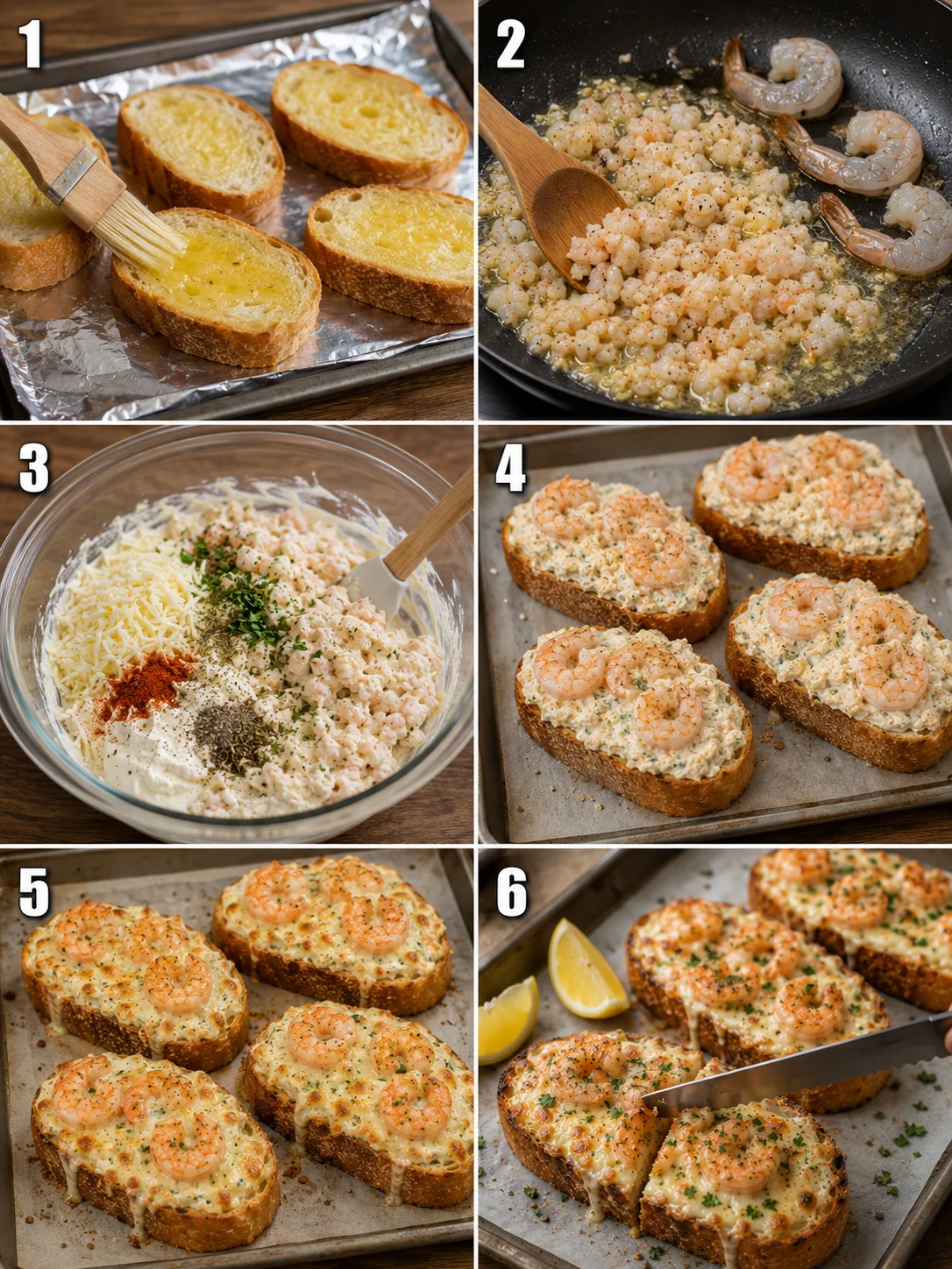 Delicious cheesy garlic shrimp toasts on a baking sheet ready for serving.