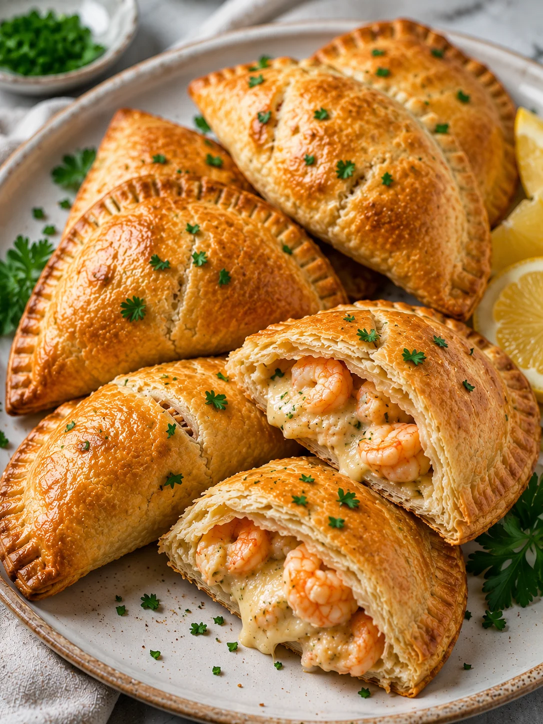 Golden, flaky seafood hand pies filled with crab, shrimp, and melted cheese