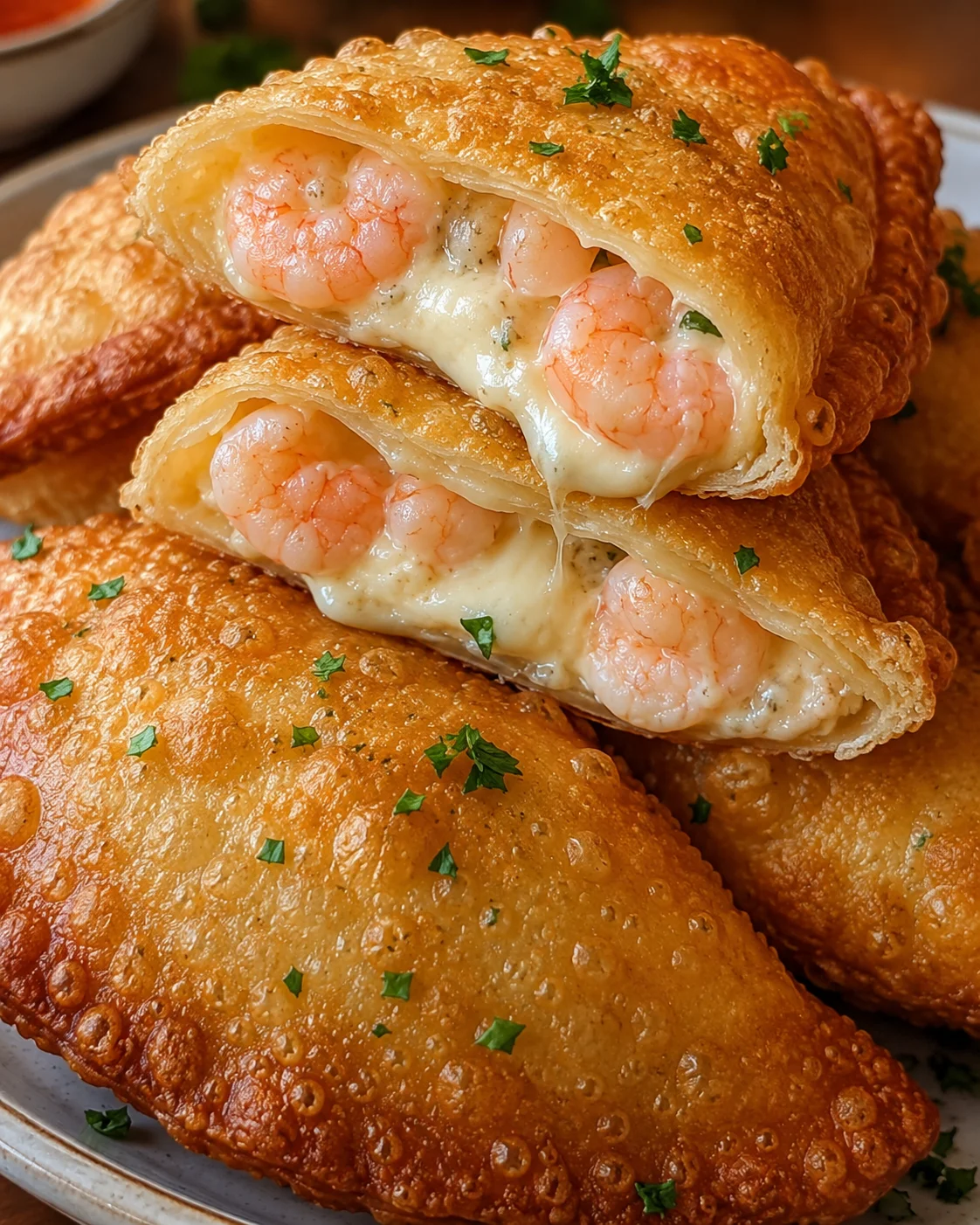 Golden crispy shrimp stuffed empanada-style puffs with melted cheese and herbs.