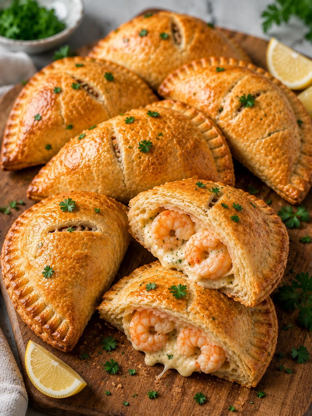 Golden seafood hand pies filled with crab, shrimp, and melted cheese on a wooden serving board